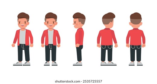 Kid boy front, side and back view wear red jacket character vector illustration design set. Presentation in various action.