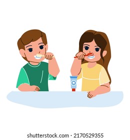 kid boy girl brushing teeth vector. toothbrush kindergarten, dental little baby, mouth care kid boy girl brushing teeth character. people flat cartoon illustration