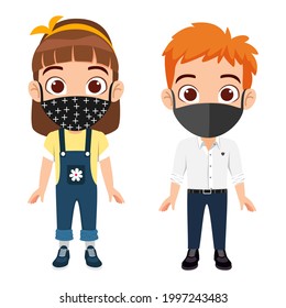 Kid boy and girl characters standing wearing beautiful colorful outfit and fabric medical mask and posing