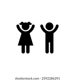 kid boy and girl icon set. Kids boy and girl happy hand up in the air vector isolated white background. Family icon. People icons.