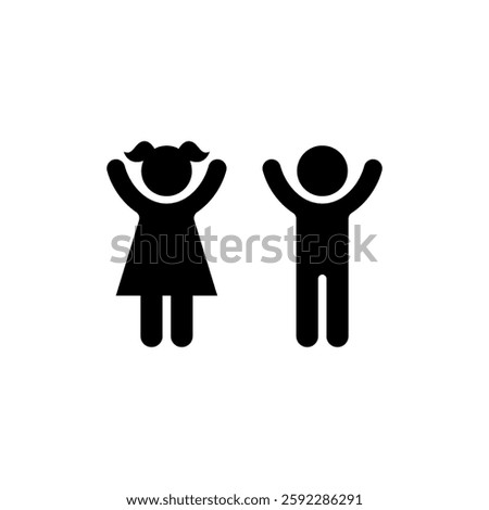kid boy and girl icon set. Kids boy and girl happy hand up in the air vector isolated white background. Family icon. People icons.