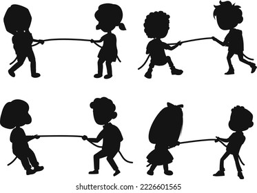 Kid Boy girl pulling ropes isolated vector Silhouette