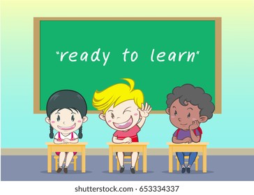 kid boy and girl ready to study in classroom and blackboard on the wall background vector character design