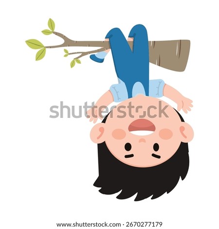 Kid Boy Hanging Upside Down From Tree Branch