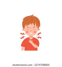 Niña con dolor de garganta, síntoma de gripa plana, ilustración vectorial aislada en fondo blanco. Tos e irritación, enfermedad, enfermedad de carácter infantil, elemento de diseño