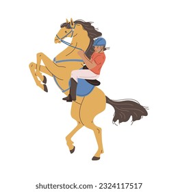 Kid boy in helmet on horseback flat style, vector illustration isolated on white background. Horse riding, happy child, decorative design element, sport and hobby