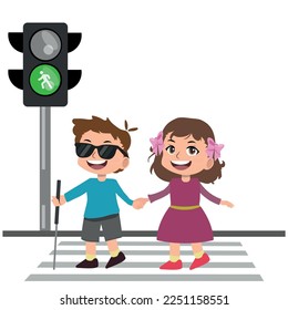 kid boy help blind friend cross road.