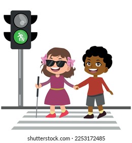 kid boy help blind friend cross road.