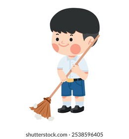 Kid boy is holding a broom and smiling