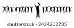 Kid boy holding trophy in front of group of happy jumping kids vector silhouette. Boy raising his hands with trophy celebrating victory black silhouette.	