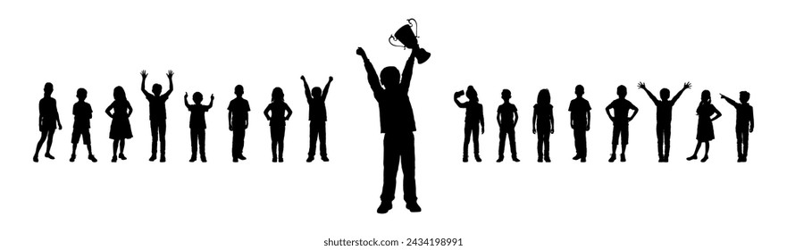 Kid boy holding trophy in front of group of happy jumping kids vector silhouette. Boy raising his hands with trophy celebrating victory black silhouette.	