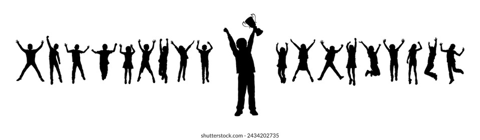 Kid boy holding trophy in front of group of happy jumping kids vector silhouette. Boy raising his hands with trophy celebrating victory black silhouette.	