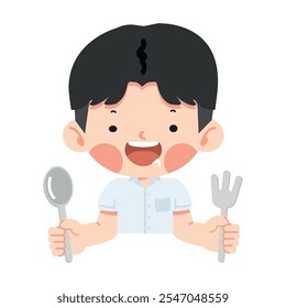 Kid boy hungry holding a fork and spoon