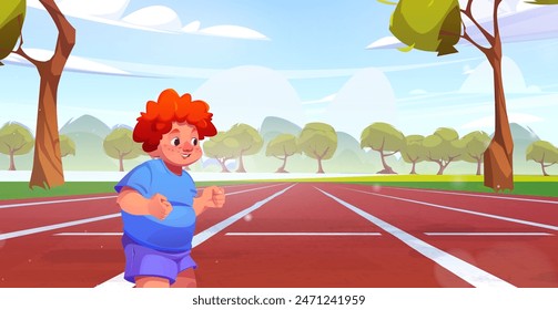 Niño trotando en pista de carreras en parque público o estadio en un día soleado. Ilustración vectorial de dibujos animados de actividades deportivas para niños y entrenamiento de fitness. Lindo personaje masculino corriendo o caminando.