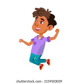 Kid Boy Jumping And Celebrating Victory Vector. Hispanic Preteen Child Jumping With Positive Expression, Sport Action On Playground. Character Playful Activity Moving Flat Cartoon Illustration