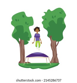 Kid boy jumping on trampoline between trees, flat cartoon vector illustration isolated on white background. Happy child playing outdoors with trampoline.