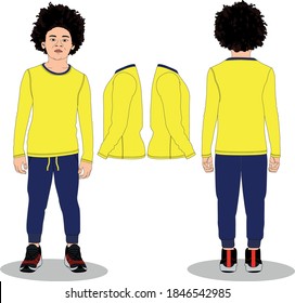 kid boy long sleeve t-shirt neon yellow, tracksuit bottom blue