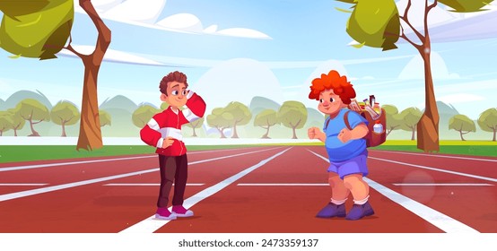 Kid boy with lots of snacks in backpack talking with another one in sportswear standing on running track in public park or stadium on sunny day. Cartoon vector illustration of children activities.