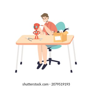 Kid boy making robot using screwdriver tools for creating modern robotic mechanism. Children and mechanical construction concept. Cartoon flat vector illustration