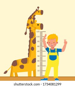 Kid boy is measuring his height character vector design.