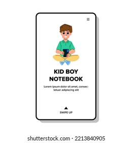 kid boy notebook vector. computer laptop, child school, education technology, online home, internet book, student kid boy notebook web flat cartoon illustration