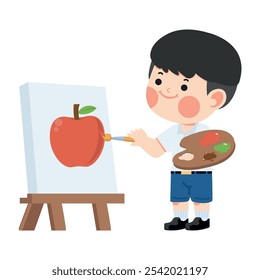 Kid boy painting a picture on easel