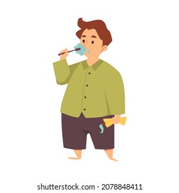 Kid Boy In Pajamas Brushes Teeth With Tooth Brush Holding Toothpaste In Flat Vector Illustration Isolated On White Background. Cartoon Child Takes Care Of Hygiene Of His Teeth. Dental Healthcare