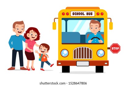 kid boy with parent wait school bus
