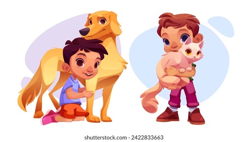 Kid boy with pet dog and cat. Happy preschool male child taking care and cuddle fluffy pet. Cartoon vector illustration set of love and friendship between baby owner and his puppy and kitty.