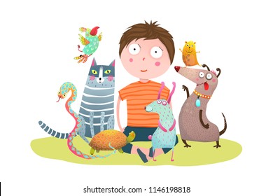 Kid Boy and Pet Shop. Fun colorful cartoon with little boy and domestic animals. Vector illustration.