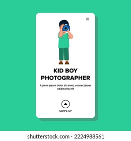 kid boy photographer vector. child little, camera photo, photography cute, happy fun, photograph portrait kid boy photographer web flat cartoon illustration