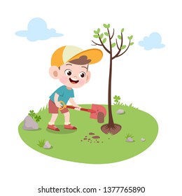 kid boy planting tree vector illustration