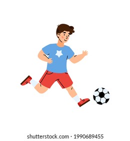 Kid boy play in football, child kick soccer ball. Outdoor sport activity for children at leisure or daily routine. Flat cartoon vector illustration isolated on white
