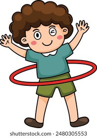 Kid boy play with hula hoop ring spinning and rolling on waist vector