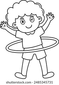 Kid boy play with hula hoop ring spinning and rolling on waist vector