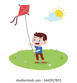 kid boy play kite illustration