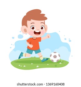 kid boy play soccer football vector illustration