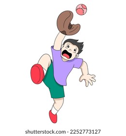 kid boy is playing baseball jump catching ball. vector design illustration art