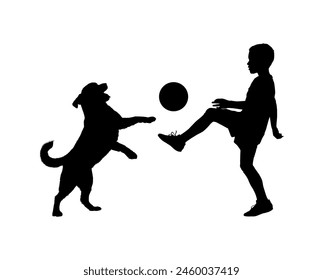 Kid boy playing football with his dog vector silhouette.