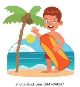 Kid boy playing on beach illustration.