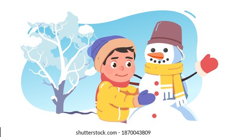 Kid boy playing outside making a big snowman. winter season cold weather game. Snow ball man with a carrot nose wearing bucket hat with scarf and mittens. Flat vector character illustration