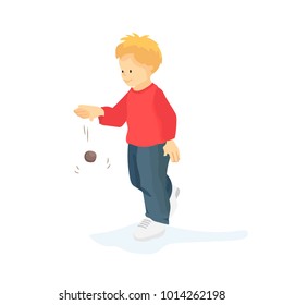 Kid boy playing with small hand ball. Vector cartoon design illustration child activity