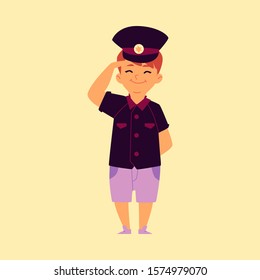 Kid boy pretends a policeman and wearing police uniform, cartoon character flat vector illustration isolated on background. Preschool career day and future profession child.