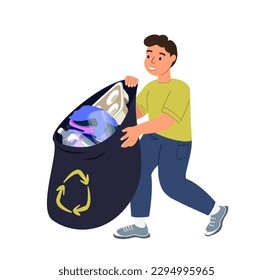 Kid Boy Pull Garbage Sack. Save the Planet. Child Character Cleaning Environment,Garbage Recycling, Ecology Protection, Social Charity Volunteer Cleaning City Park.Cartoon People Vector Illustration