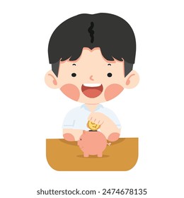 Kid Boy putting coin piggy bank concept of saving money 