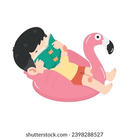 Kid boy reading book with flamingo float