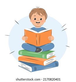 Kid boy reading book. Knowledge and education concept. Vector illustration