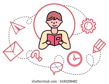 Kid boy reading book on pastime. Male character holding publication in hardcover in hands. Teenager enjoying hobby. Message letter, pencil and gear, paper plane and time icons, vector in flat