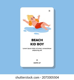 Kid Boy Resting On Sandy Beach Seashore Vector. Schoolboy Child Jumping In Ocean Water With Protective Lifebuoy, Enjoying Vacation On Beach. Character Web Flat Cartoon Illustration