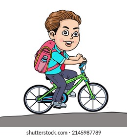 Kid boy ride bicycle to school